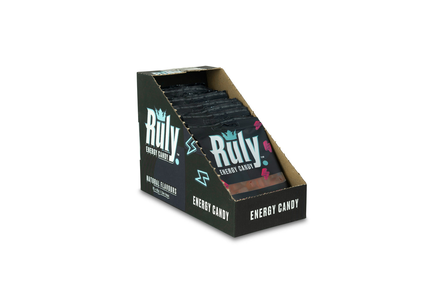 Tropical Fruits Gummy Sweets Pack of 12  Open Case Side - Ruly Energy Candy
