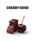 Three glossy red chocolate letters with the letter 'R' embossed on them are shown next to a whole dark red cherry on a white background, with the text 'CHERRY GOOD' above.