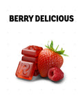 Three red translucent candy blocks with the letter 'R' embossed on them, shown with a whole strawberry and a raspberry beneath the text 'BERRY DELICIOUS' on a white background.