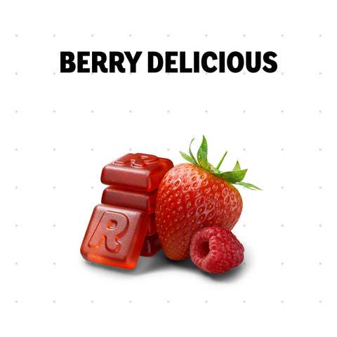 Three red translucent candy blocks with the letter 'R' embossed on them, shown with a whole strawberry and a raspberry beneath the text 'BERRY DELICIOUS' on a white background.